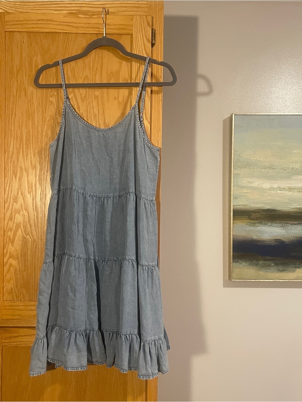 En Creme Light Blue Tiered Denim-Look Mini Dress